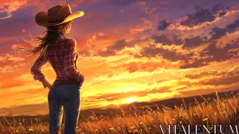 Cowgirl evening calm under a blazing country sunset sky.