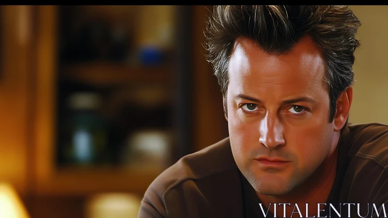 Photorealistic close-up male portrait with warm interior bokeh.