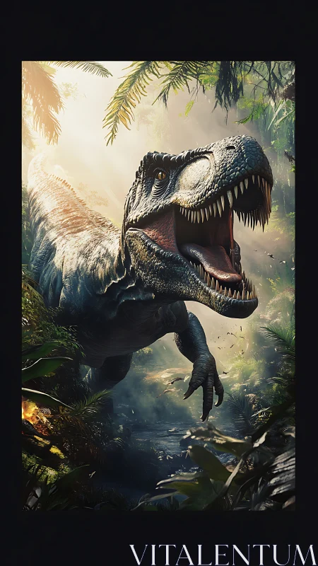 Jungle titan roars through misty dawn in primal pursuit.