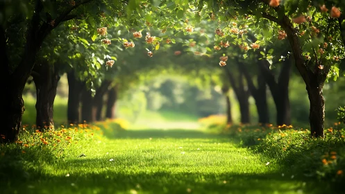 Sunlit Orchard Tunnel Where Quiet Blossoms Hum Softly.