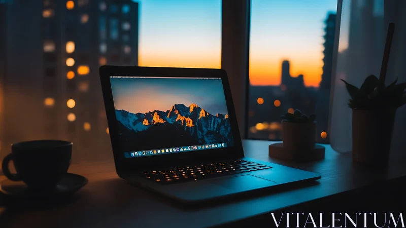Twilight city hums while the laptop becomes a glowing lookout