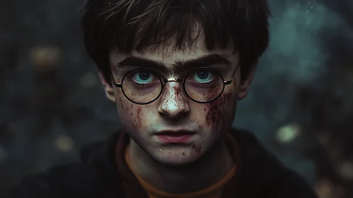 Young hero’s steady gaze after a long, hard battle.