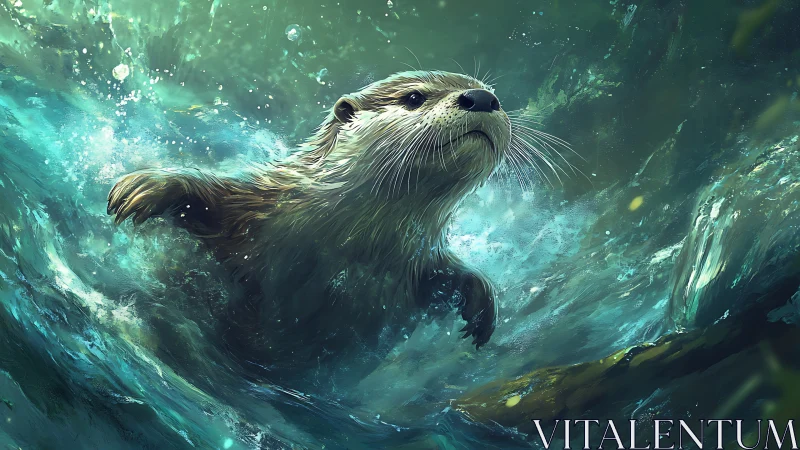 River otter charges through teal rapids like a tiny sea titan