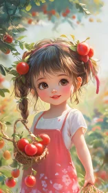 Young child with basket of red fruit in garden setting.