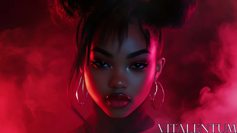 Neon-lit portrait centers bold gaze in crimson haze.