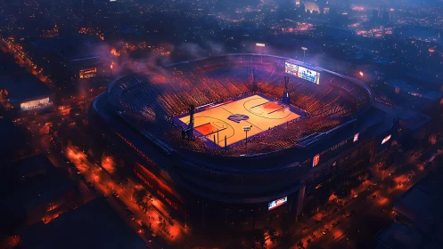 Night-lit basketball arena glows above a sprawling neon city