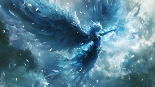 Luminescent winged entity ascends through turbulent icy ether