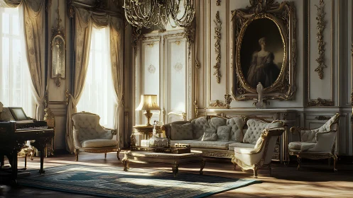 Opulent Rococo salon rendered in warm photorealistic afternoon light