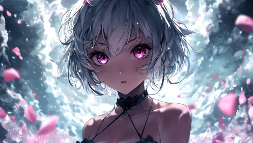 Luminous magenta-eyed anime girl amid dynamic petal vortex.