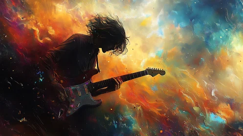 Guitarist silhouette explodes through swirling cosmic colors.
