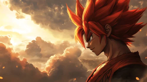 Fiery hero gazes over glowing storm clouds at sunset