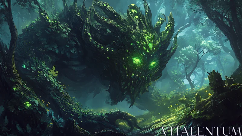 Emerald forest colossus awakening beneath misty canopies.