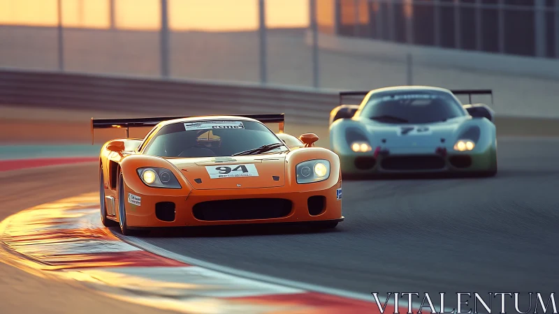 Orange race car leading rival on sunlit circuit corner.