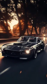 Black classic muscle car speeds through sunlit forest road