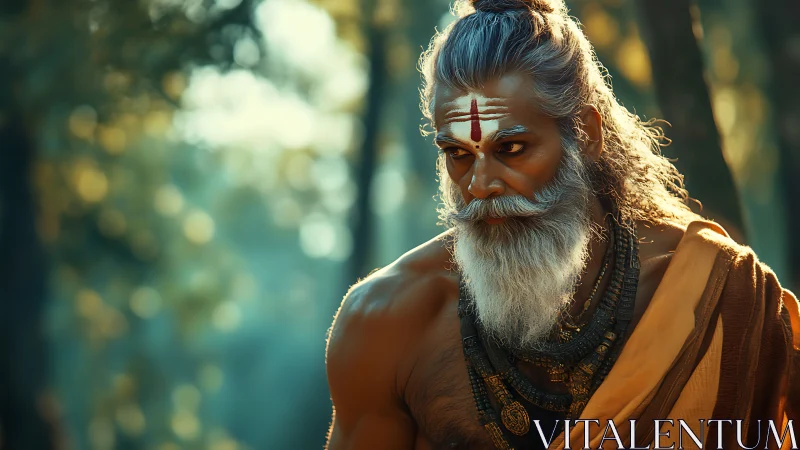 Digital render shows ascetic male figure in forest setting