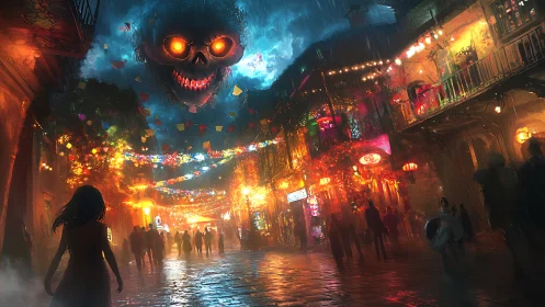Giant fiery skull looms over neon soaked festival street.
