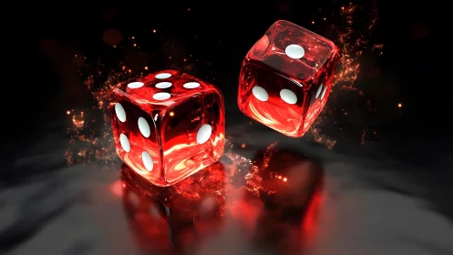 Glowing Red Dice in Motion with Fiery Effects, Digital Art Style.