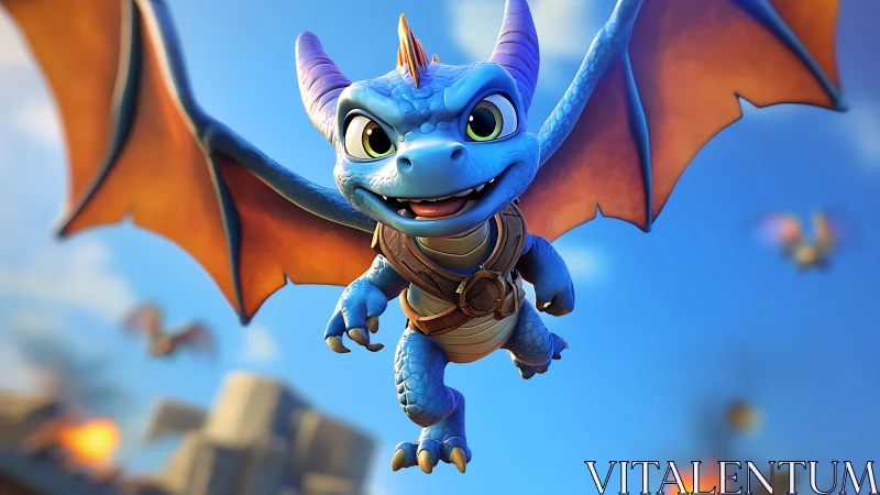 Playful blue baby dragon soars through bright fantasy sky.