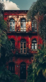 Weathered red apartment facade framed by dense palm trees.