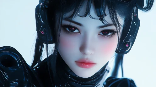 Cybernetic woman portrait with glossy black armor.
