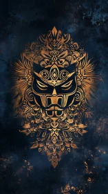 Ornate golden mask totem on distressed midnight blue field.