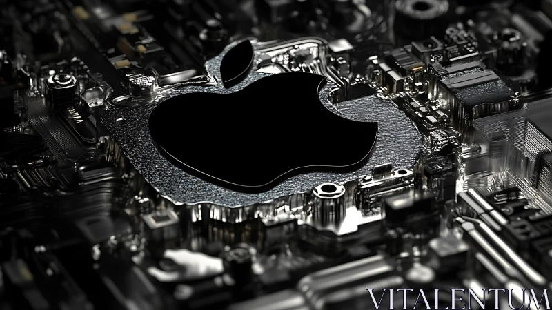 Midnight apple emblem pulsing at the heart of chrome circuits.
