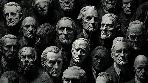 Monochrome relief wall of weathered male busts in dramatic light