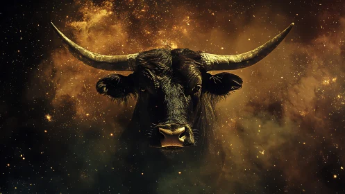 Cosmic Taurus bull portrait in luminous astral dust field.