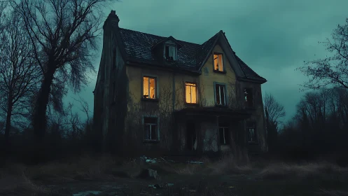 Derelict gabled manor with anomalous interior illumination.