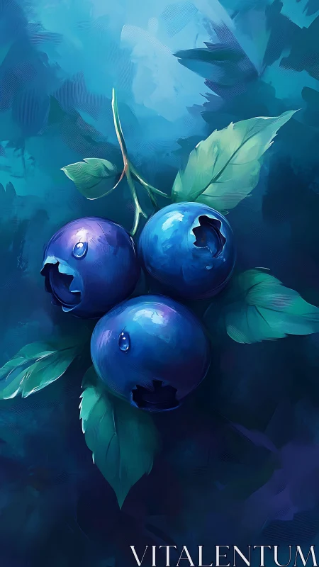 Saturated digital study renders glossy blueberries with leaves