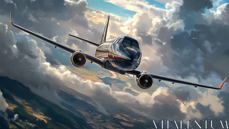 Twin‑engine business jet slicing through convective cloud fields.