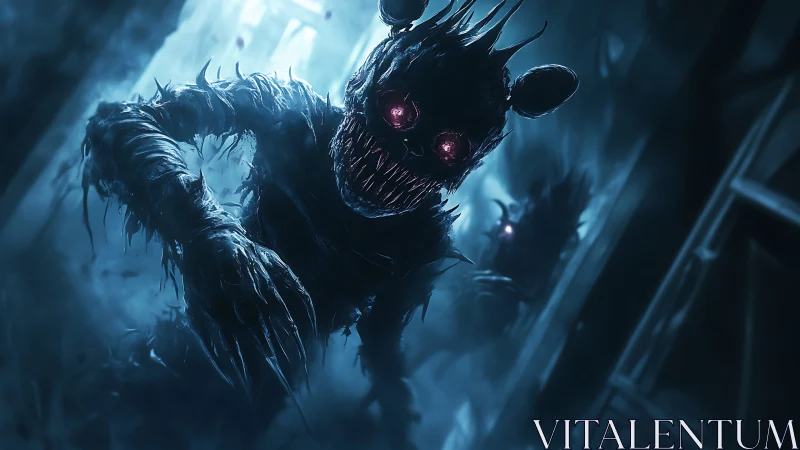 Monstrous shadow creature advances in cold blue corridor