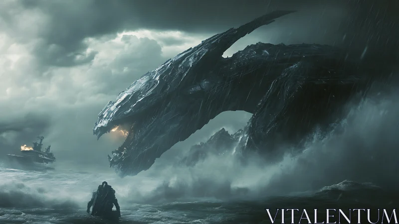 Colossal sea dragon confronts lone armored figure in storm