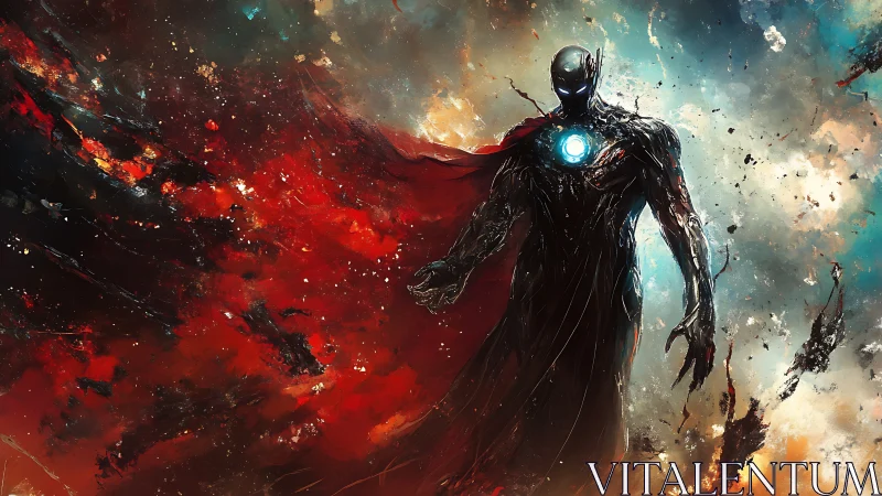 Cosmic guardian strides through swirling fire and starlight.