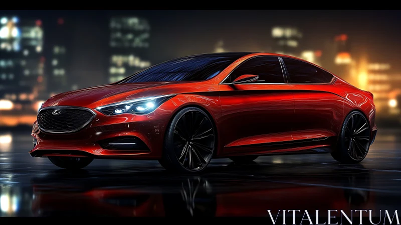 Sleek red luxury sedan on reflective neon city street.