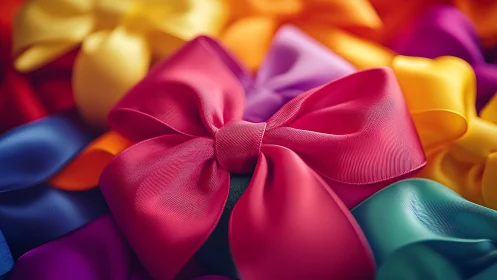 Colorful satin bows gathered in a joyful rainbow cluster.