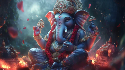 Divine Ganesha sits in glowing embers of a sacred forest