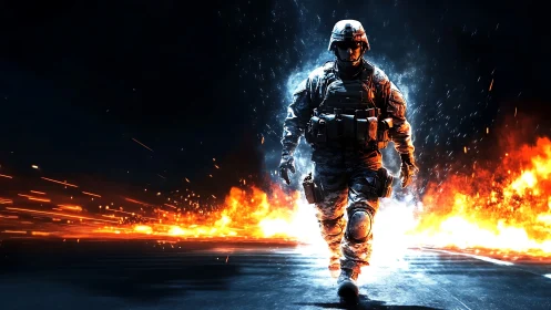 Combat soldier strides through firestorm battlefield scene.