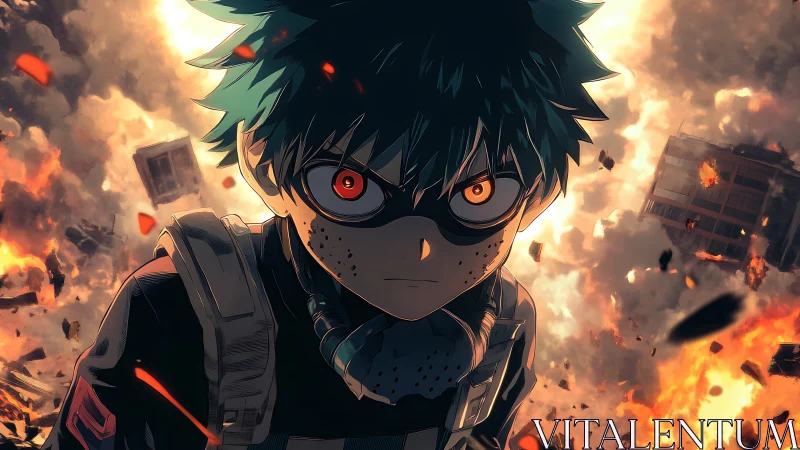 Determined masked anime hero stands amid explosive chaos.