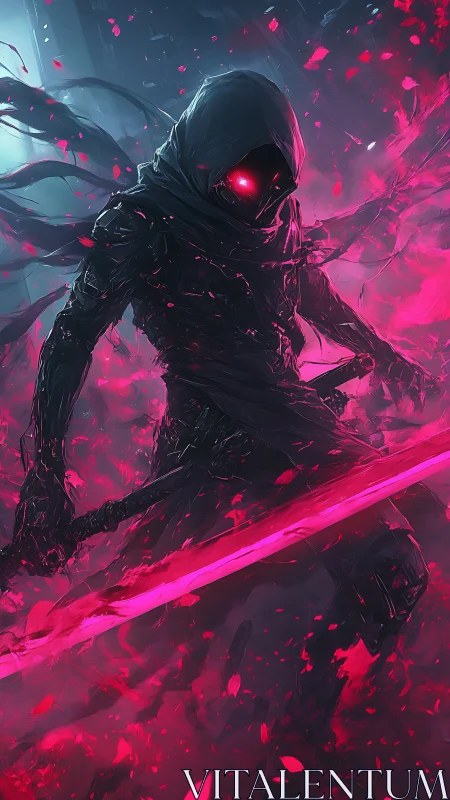 Hooded figure with glowing red eyes and energy sword.