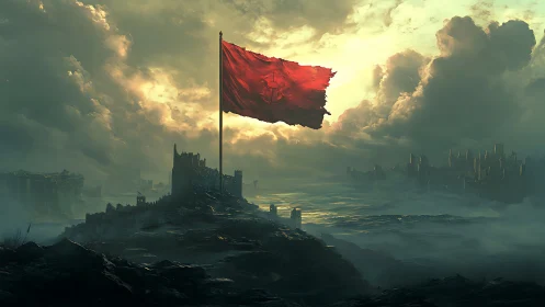 Scarlet war banner rises over storm-lit ruined kingdom