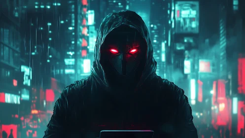 Cyberpunk hooded hacker with glowing red eyes at night.