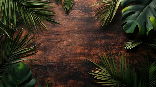 Green tropical foliage surrounds a worn brown wooden surface