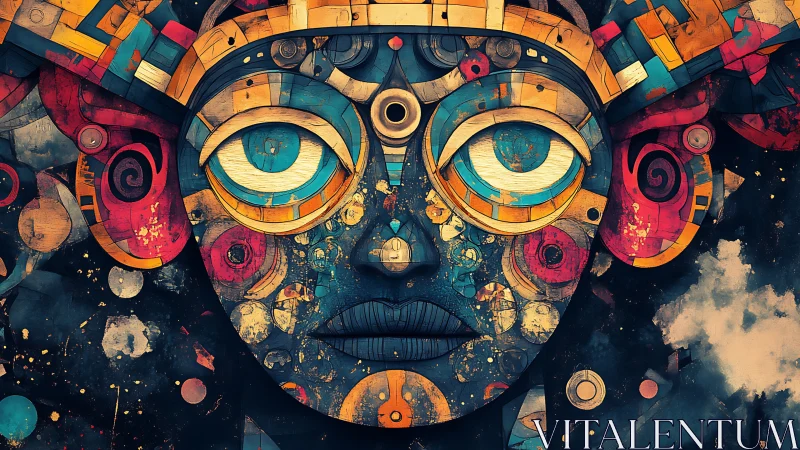 Geometric cosmic mask forms surreal celestial portrait