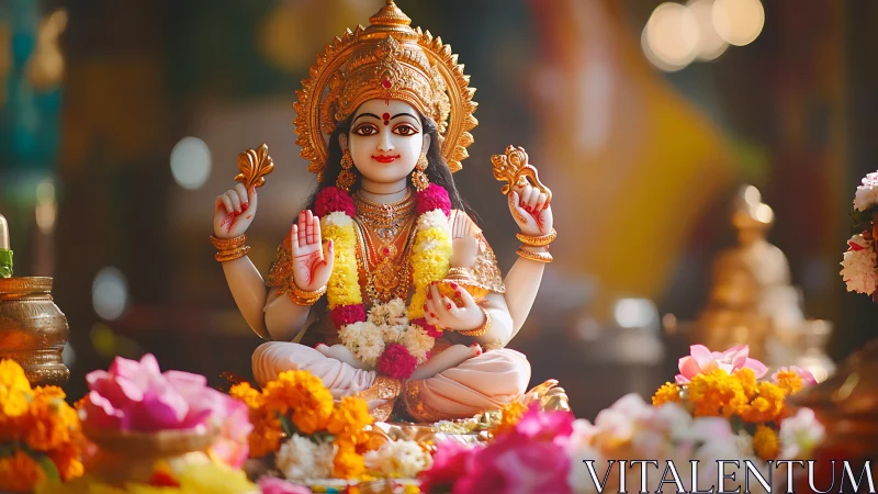 Hindu goddess statue with garlands and ritual flowers.