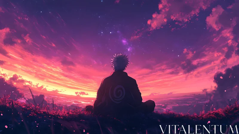 Solitary anime figure contemplates a blazing cosmic sunset.