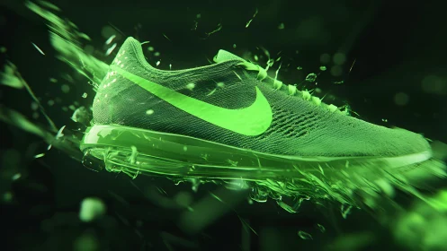 Futuristic neon green Nike sneaker in dynamic digital splash style.