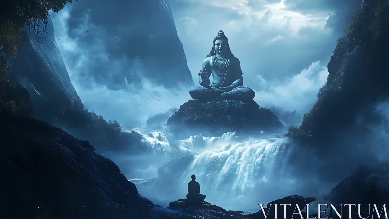 Divine mountain statue above misty cascading waterfalls.