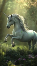 Majestic silver unicorn rearing in a glowing forest clearing.