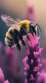 Macro bee on vivid pink flower with dreamy bokeh tones.